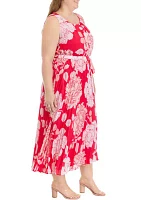 Plus Sleeveless Pleated Floral Print Midi Dress