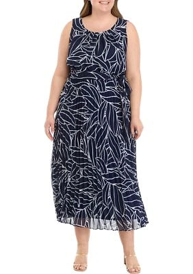 Plus Pleated Floral Print Midi Dress