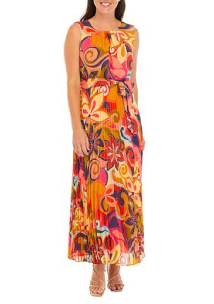 Women's Printed Tie Waist Fit and Flare Midi Dress