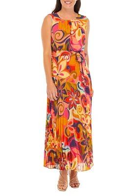 Women's Printed Tie Waist Fit and Flare Midi Dress