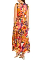 Women's Printed Tie Waist Fit and Flare Midi Dress