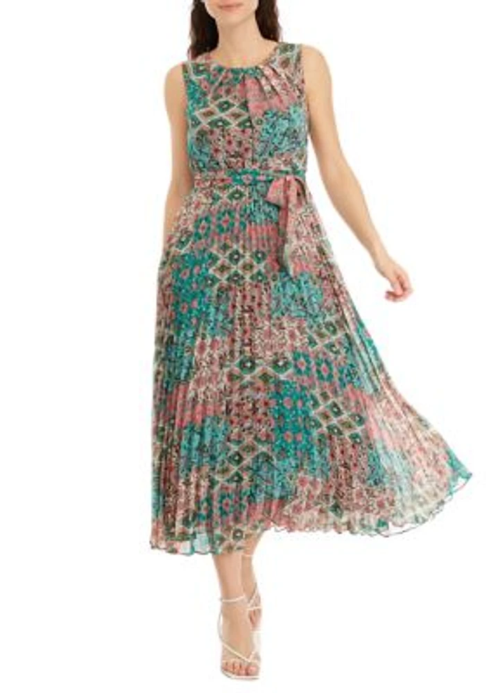 Women's Pleated Sleeveless Printed Chiffon Midi Dress