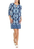 Women's 3/4 Sleeve Keyhole Neck Printed A-Line Dress