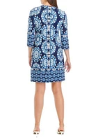 Women's 3/4 Sleeve Keyhole Neck Printed A-Line Dress