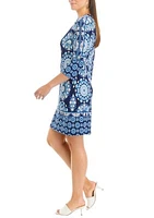 Women's 3/4 Sleeve Keyhole Neck Printed A-Line Dress