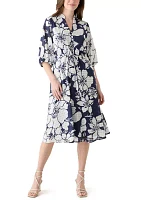 Women's 3/4 Blouson Sleeve Floral Print Tie Waist Chiffon Fit and Flare Midi Dress