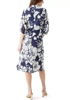 Women's 3/4 Blouson Sleeve Floral Print Tie Waist Chiffon Fit and Flare Midi Dress