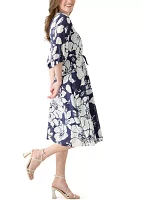 Women's 3/4 Blouson Sleeve Floral Print Tie Waist Chiffon Fit and Flare Midi Dress