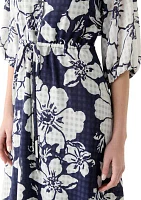 Women's 3/4 Blouson Sleeve Floral Print Tie Waist Chiffon Fit and Flare Midi Dress