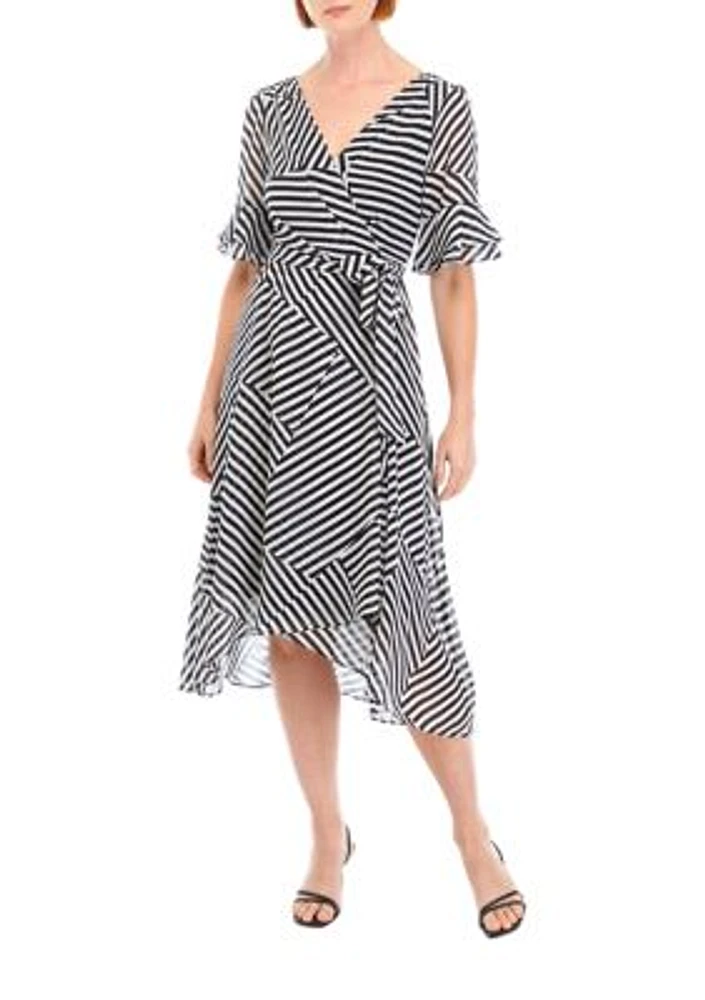 Women's Bell Sleeve Printed Tie Waist Fit and Flare Dress