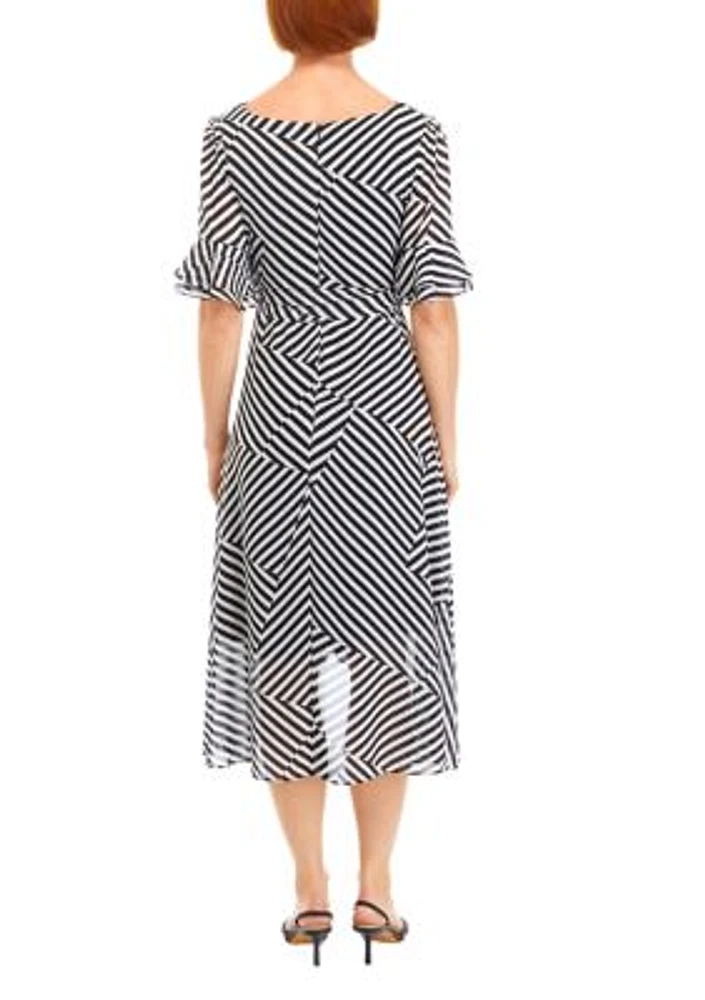 Women's Bell Sleeve Printed Tie Waist Fit and Flare Dress