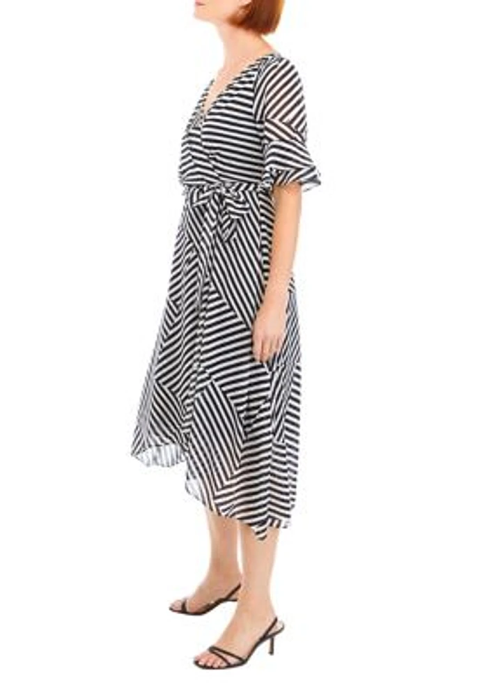 Women's Bell Sleeve Printed Tie Waist Fit and Flare Dress