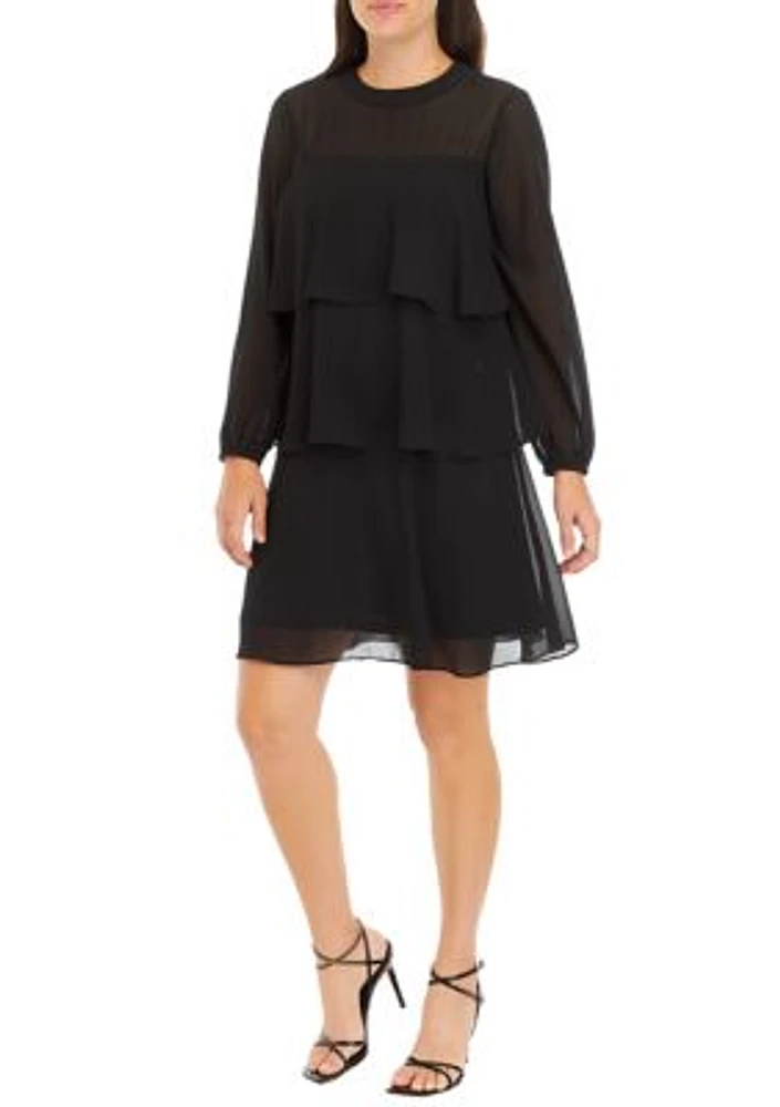 Women's Mesh Long Sleeve Solid Ruffle A-Line Dress