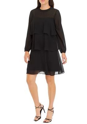 Women's Mesh Long Sleeve Solid Ruffle A-Line Dress