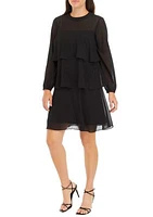 Women's Mesh Long Sleeve Solid Ruffle A-Line Dress