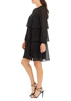 Women's Mesh Long Sleeve Solid Ruffle A-Line Dress