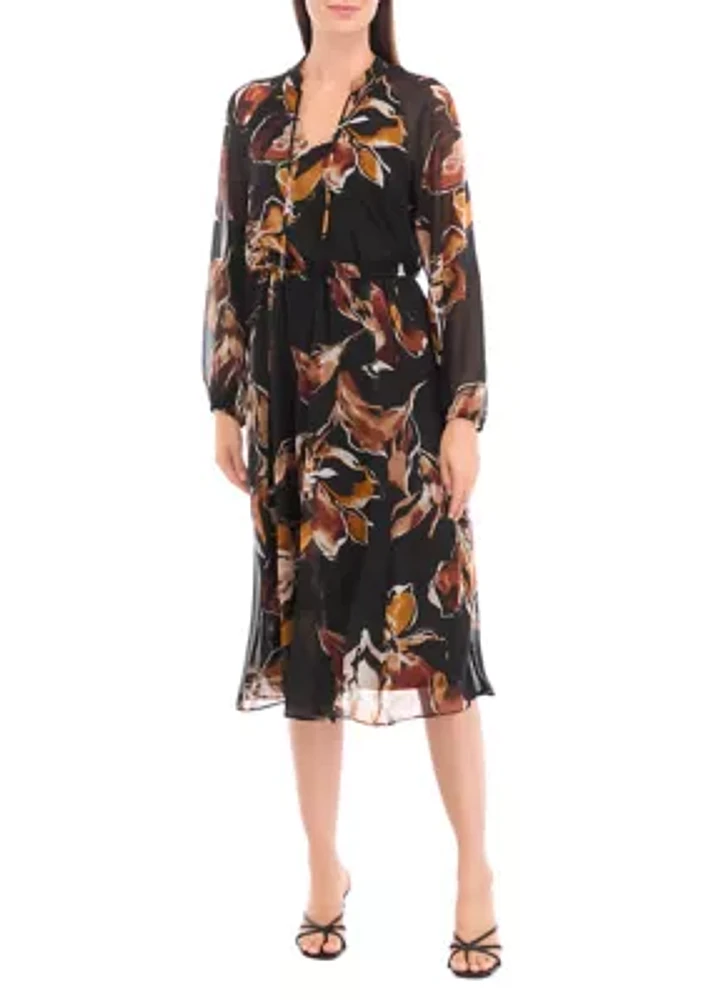 Women's Blouson Sleeve Floral Belted Midi Chiffon Fit and Flare Dress