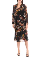 Women's Blouson Sleeve Floral Belted Midi Chiffon Fit and Flare Dress