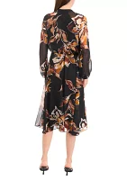 Women's Blouson Sleeve Floral Belted Midi Chiffon Fit and Flare Dress