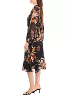 Women's Blouson Sleeve Floral Belted Midi Chiffon Fit and Flare Dress