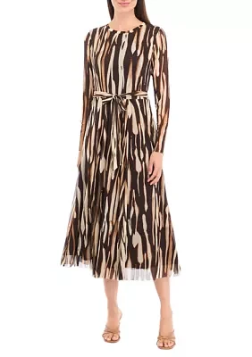 Women's Long Sleeve Stripe Print Belted Midi Mesh Fit and Flare Dress