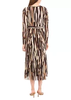 Women's Long Sleeve Stripe Print Belted Midi Mesh Fit and Flare Dress