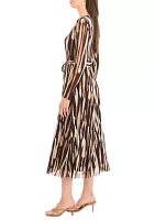 Women's Long Sleeve Stripe Print Belted Midi Mesh Fit and Flare Dress