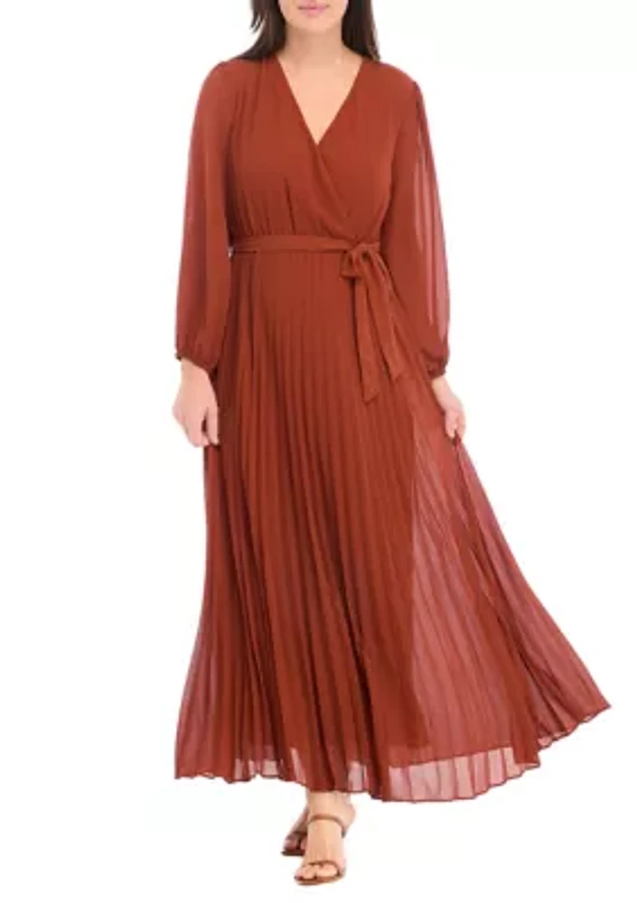 Women's 3/4 Sleeve Solid Belted Midi Chiffon Fit and Flare Dress