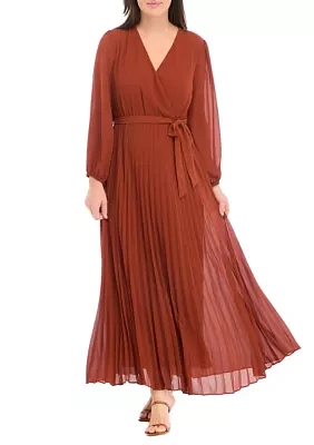 Women's 3/4 Sleeve Solid Belted Midi Chiffon Fit and Flare Dress