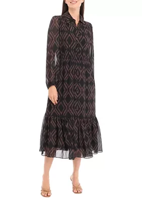 Women's Blouson Sleeve Printed Midi Chiffon Fit and Flare Dress