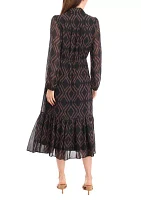 Women's Blouson Sleeve Printed Midi Chiffon Fit and Flare Dress