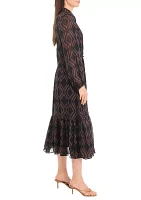 Women's Blouson Sleeve Printed Midi Chiffon Fit and Flare Dress