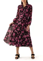 Women's Long Sleeve V-Neck Floral Print Chiffon Fit and Flare Dress