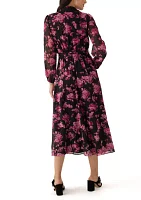 Women's Long Sleeve V-Neck Floral Print Chiffon Fit and Flare Dress