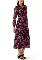 Women's Long Sleeve V-Neck Floral Print Chiffon Fit and Flare Dress