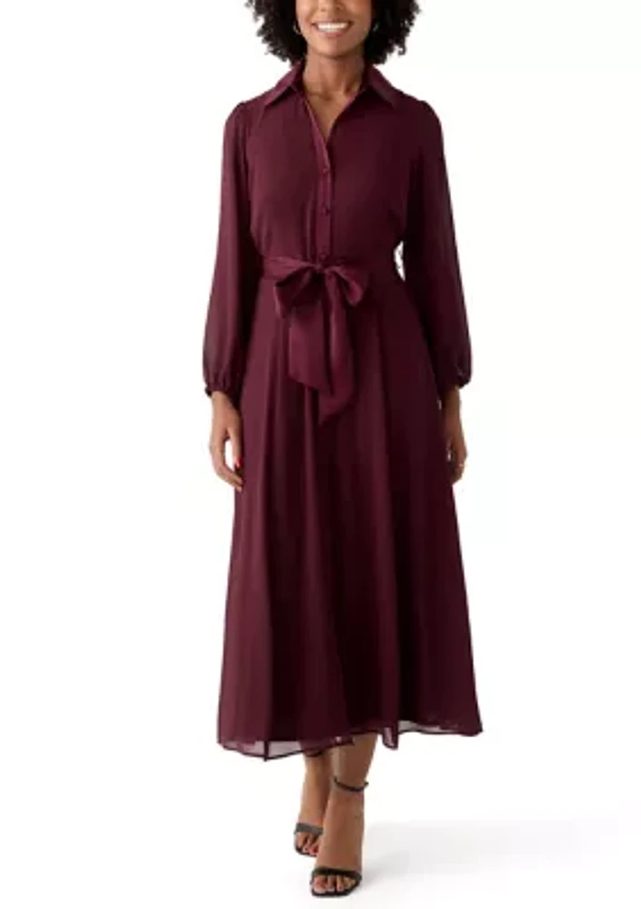 Women's Long Sleeve Tie Waist Solid Chiffon Fit and Flare Dress