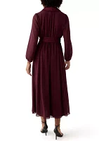 Women's Long Sleeve Tie Waist Solid Chiffon Fit and Flare Dress