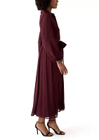 Women's Long Sleeve Tie Waist Solid Chiffon Fit and Flare Dress