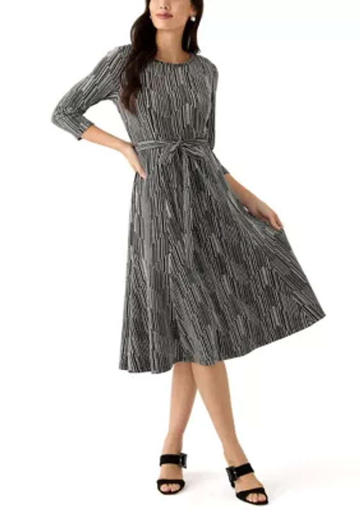 Women's Long Sleeve Crew Neck Printed Tie Waist Glitter Fit and Flare Dress