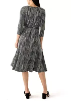 Women's Long Sleeve Crew Neck Printed Tie Waist Glitter Fit and Flare Dress