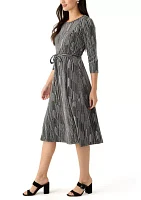 Women's Long Sleeve Crew Neck Printed Tie Waist Glitter Fit and Flare Dress