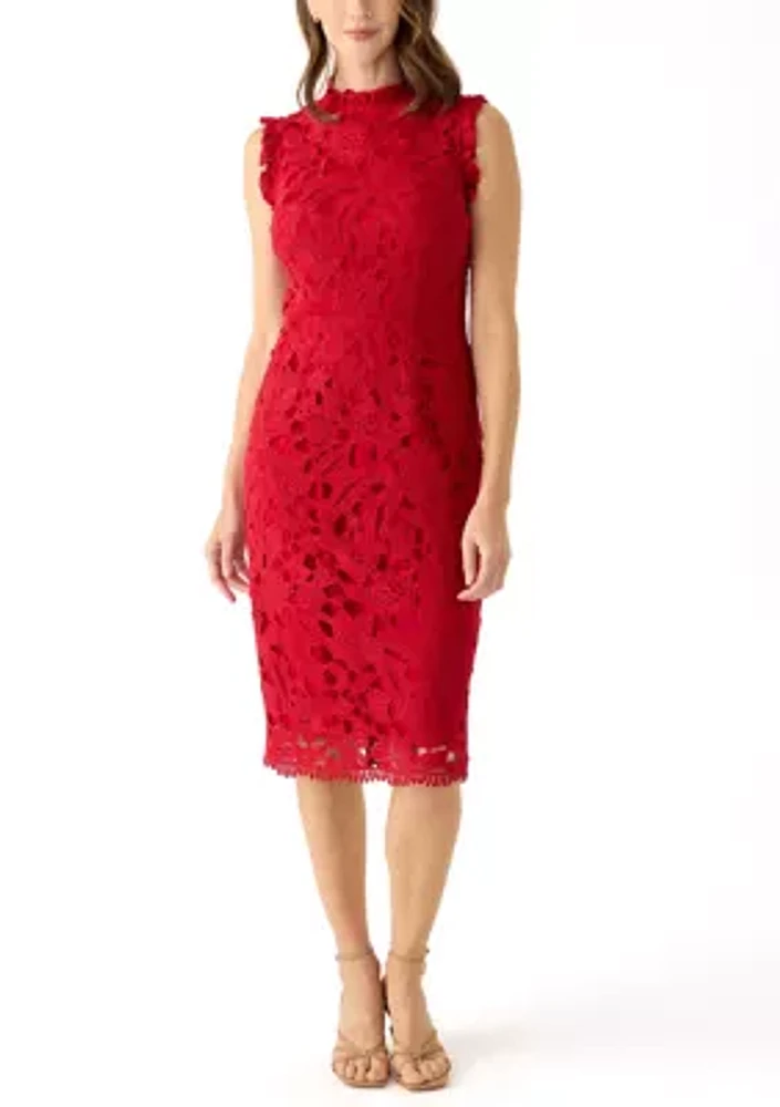 Women's Sleeveless Mock Neck Solid Lace Sheath Dress