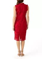 Women's Sleeveless Mock Neck Solid Lace Sheath Dress