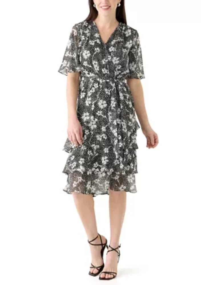 Women's Flutter Sleeve Ditsy Floral Chiffon Fit and Flare Dress