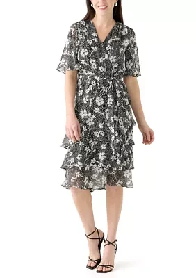 Women's Flutter Sleeve Ditsy Floral Chiffon Fit and Flare Dress