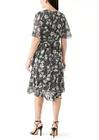 Women's Flutter Sleeve Ditsy Floral Chiffon Fit and Flare Dress