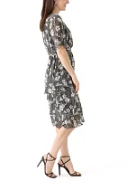 Women's Flutter Sleeve Ditsy Floral Chiffon Fit and Flare Dress