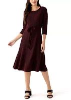 Women's 3/4 Sleeve Crew Neck Printed Tie Waist Glitter Fit and Flare Dress