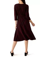 Women's 3/4 Sleeve Crew Neck Printed Tie Waist Glitter Fit and Flare Dress