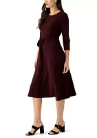 Women's 3/4 Sleeve Crew Neck Printed Tie Waist Glitter Fit and Flare Dress